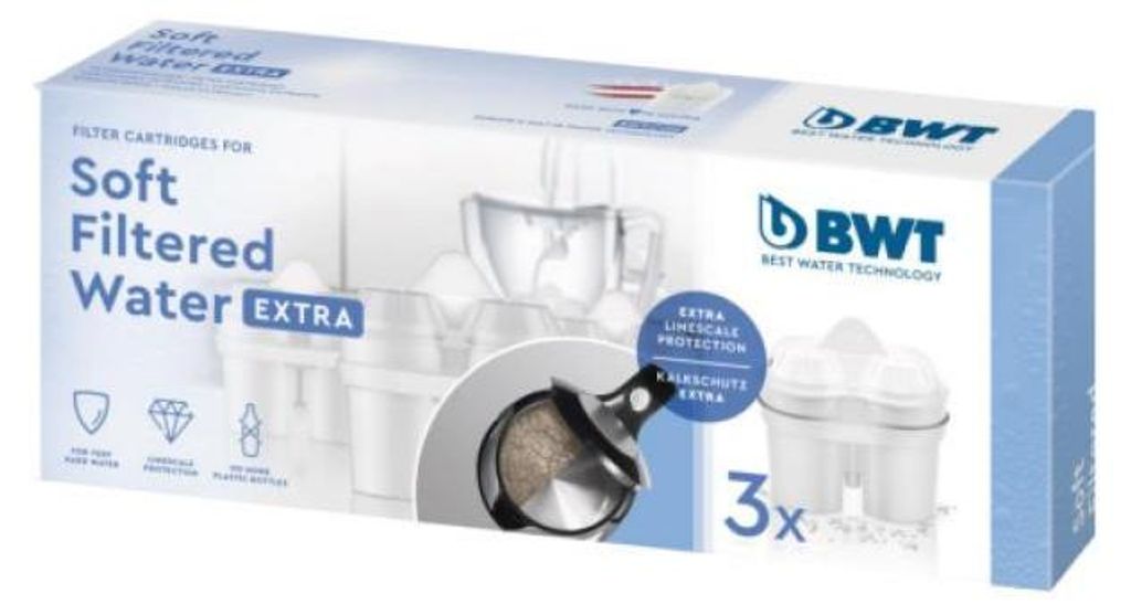 A product box for BWT Soft Filtered Water EXTRA filter cartridges.