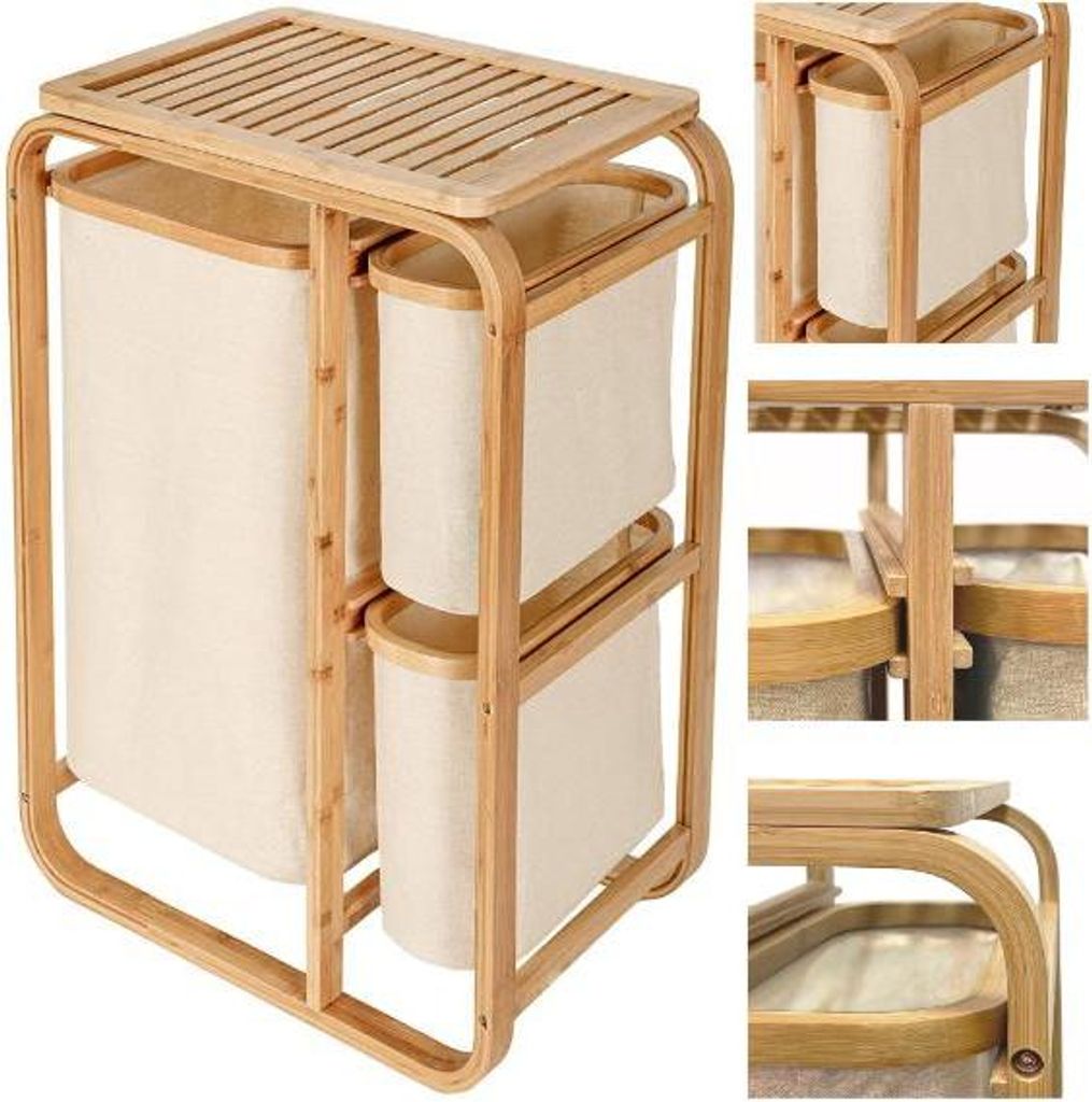 Collage of a bamboo laundry basket with three fabric bags, showing different angles and details.