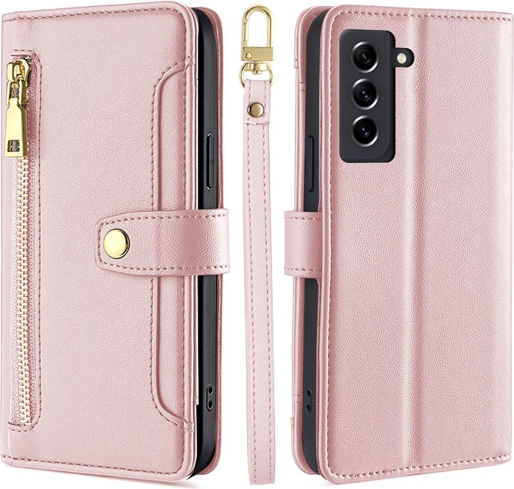 Handykette Samsung Hülle mit Band Handyhülle Kartenfächer Kunstleder Umhängetasche Galaxy S21 FE Rosa