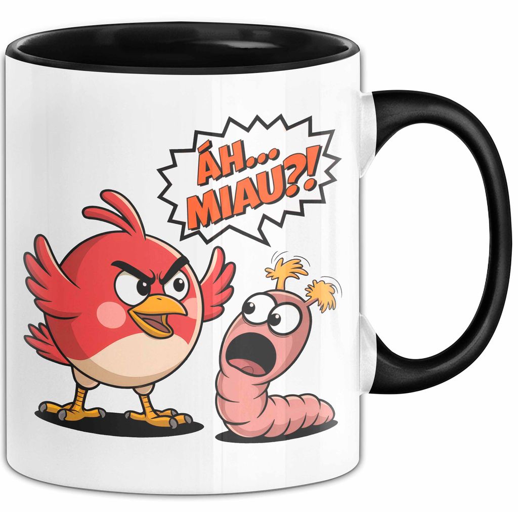 Regenwurm Vogel Tasse Geschenk Lustige Geschenkidee Spruch Ääh Miau (Schwarz)