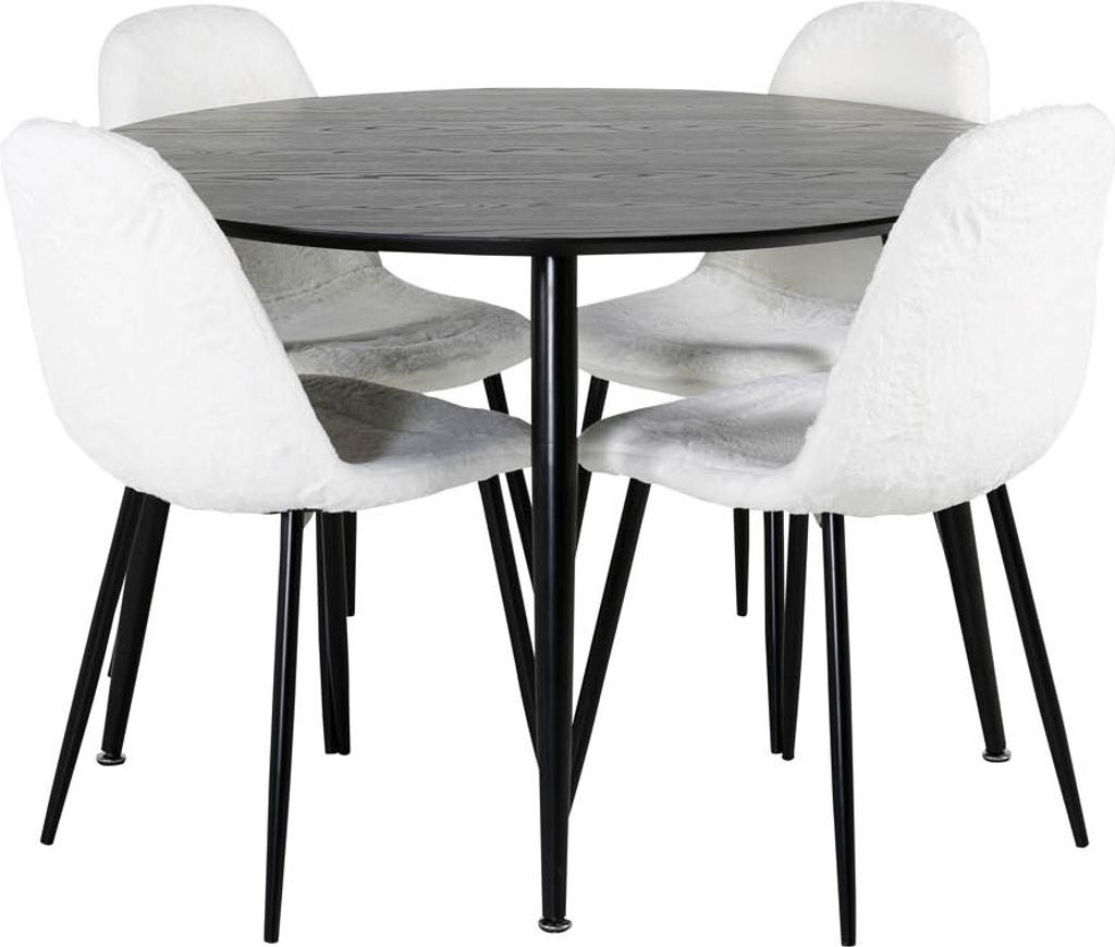 DippØ115BLBL Essgruppe Esstisch schwarz und 4 Polar Fluff Esszimmerstühle Teddy weiß.