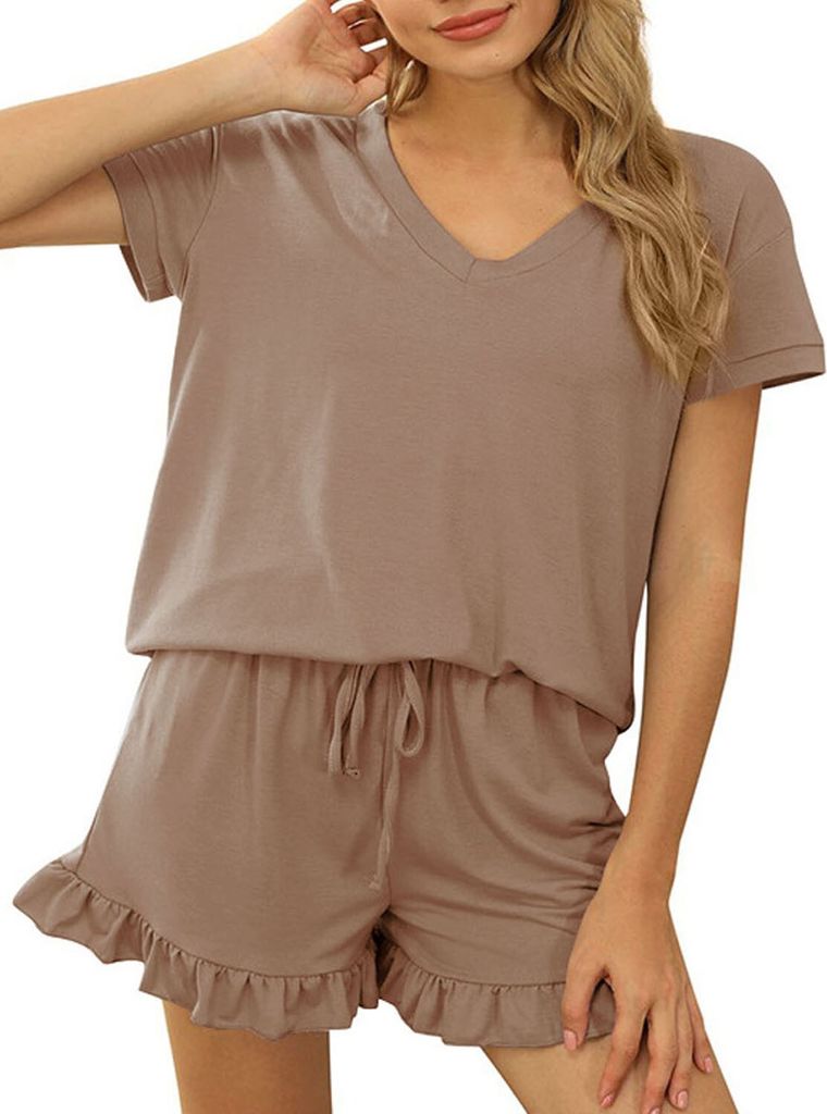 ASKSA Schlafanzug Damen Kurz Pyjama Set V-Ausschnitt Rüschen Shorts Sommer Sleepwear Zweiteilige, Khaki, XXL