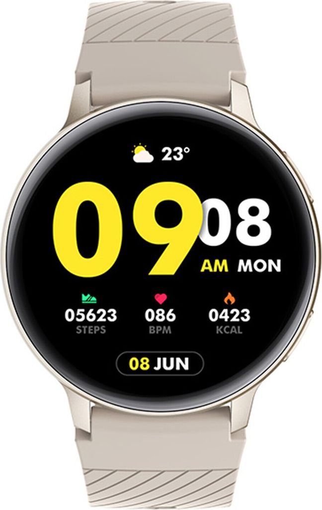 A smartwatch displaying time, date, and fitness metrics.