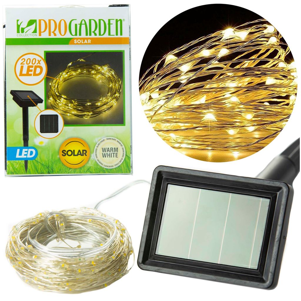 A collage of product packaging, a close-up of LED lights, and the solar panel with the light string.