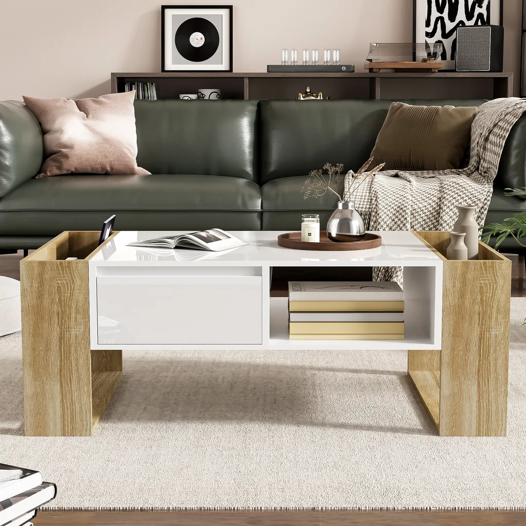 Table Basse de Rangement Gain de Place pour Salon Encombré Bois/Blanc - 3