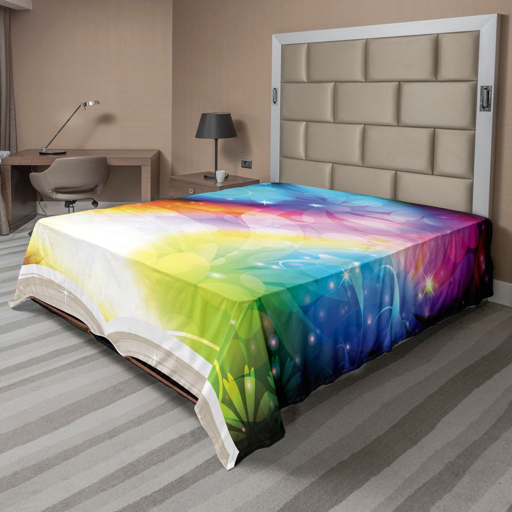 ABAKUHAUS Magie Bettlaken, Psychedelisches offenes Buch der Märchen auf Steigungs-Regenbogen-Farbblumenhintergrund, weiches bequemes oberes Bettla...