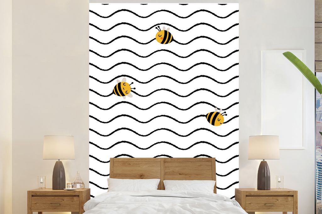 MuchoWow Fototapete für Wohnzimmer oder Schlafzimmer Wandtapete Vinyl Motivtapete Muster - Bienen - Streifen - 200x300 cm - Wanddekorationen