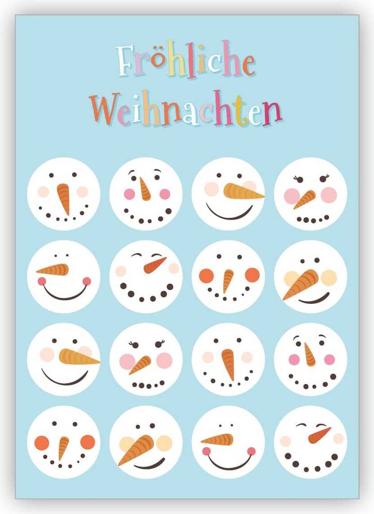Lustige Weihnachtskarte mit komischen Schneemann Gesichtern: Fröhliche Weihnachten