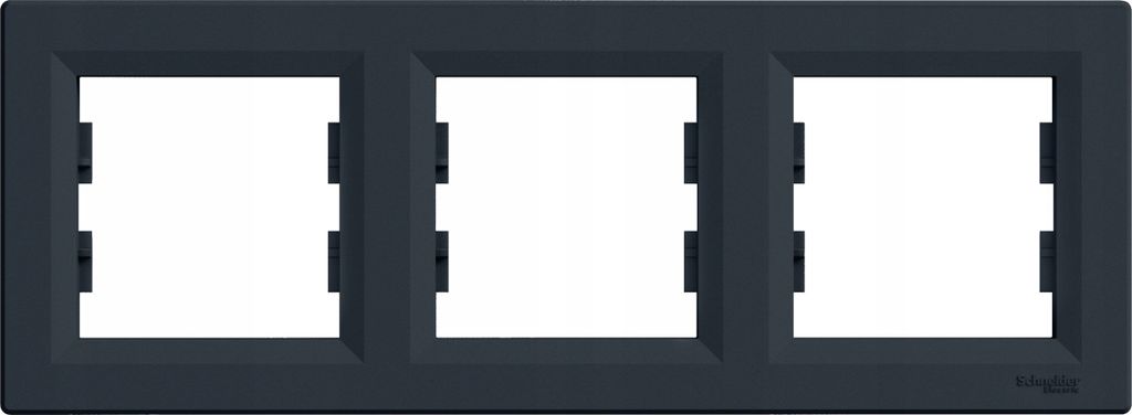 A dark gray frame with three square openings for electrical outlets or switches.