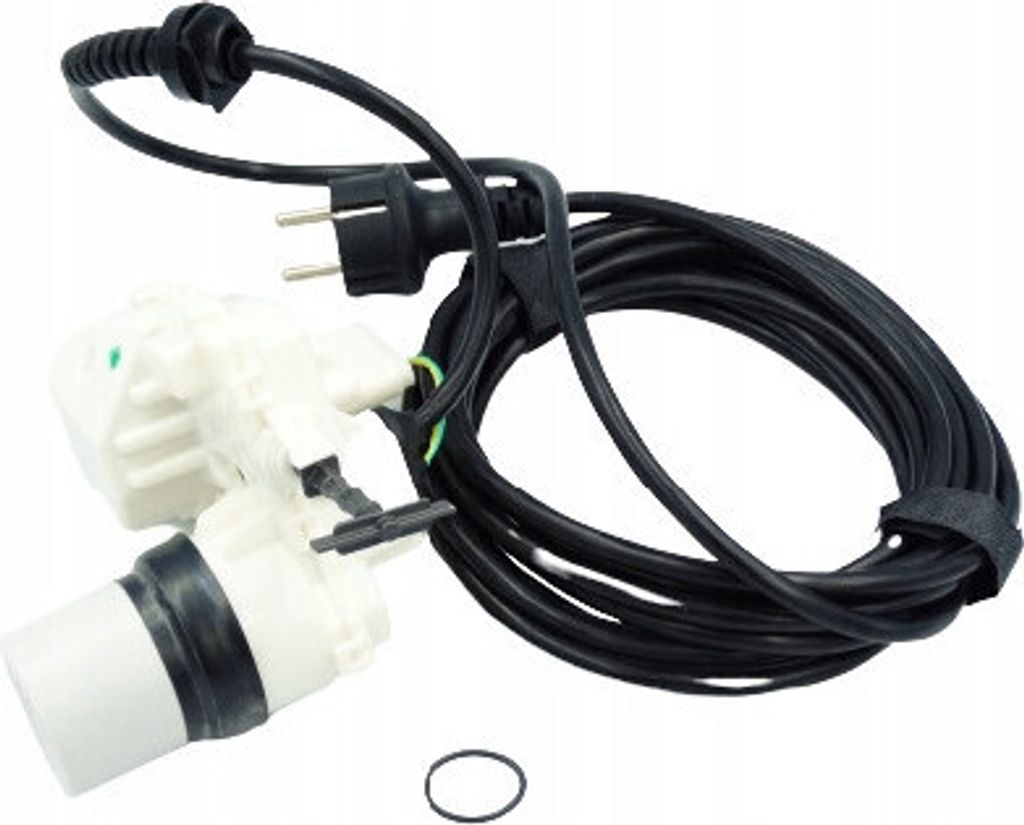 A white electrical component with a black power cord and plug, set against a white background.