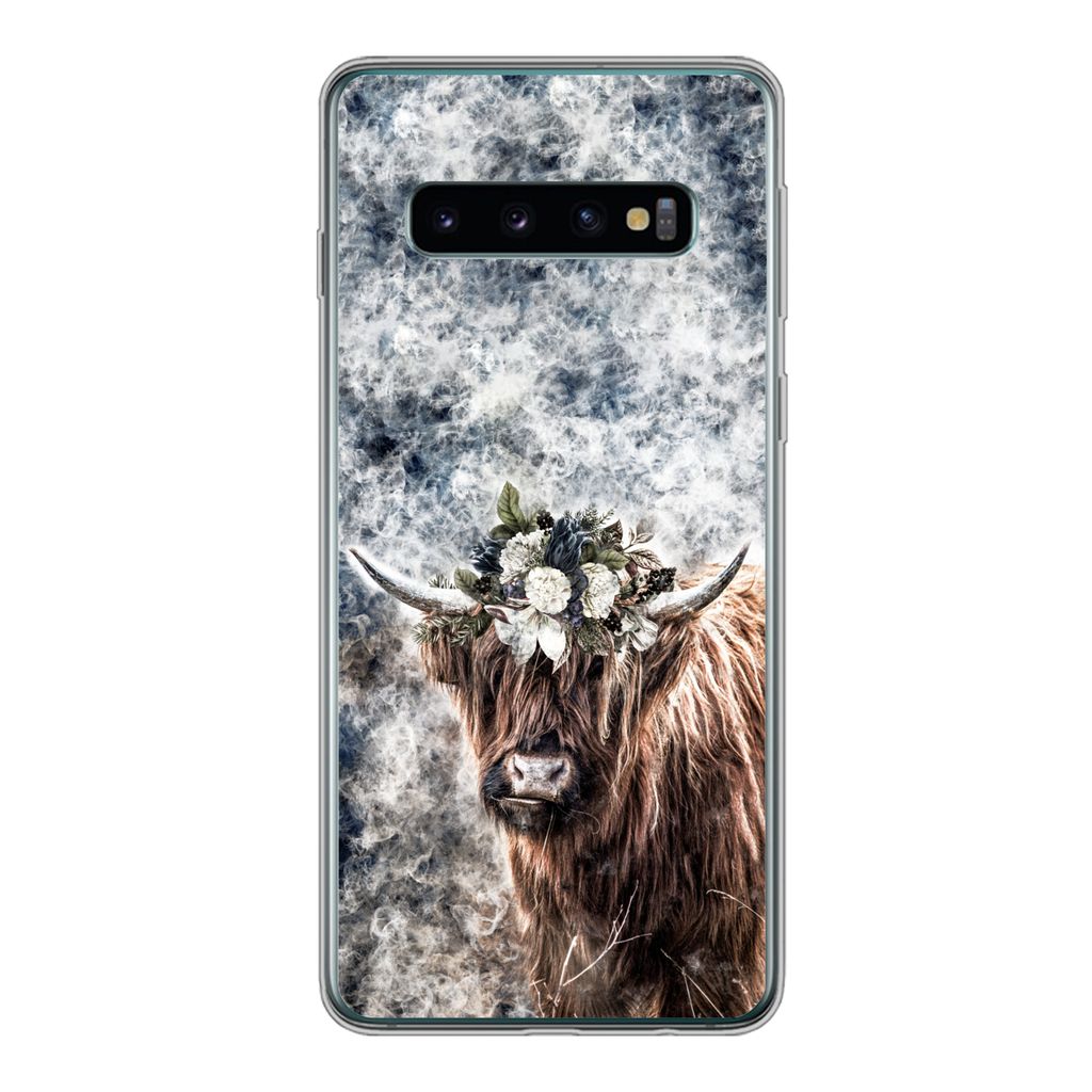 MuchoWow Handyhülle Schutzhülle Hülle für Samsung Galaxy S10 Schottischer Highlander - Rauch - Blumen Silikon Softcase Handy Hülle - Handyta...