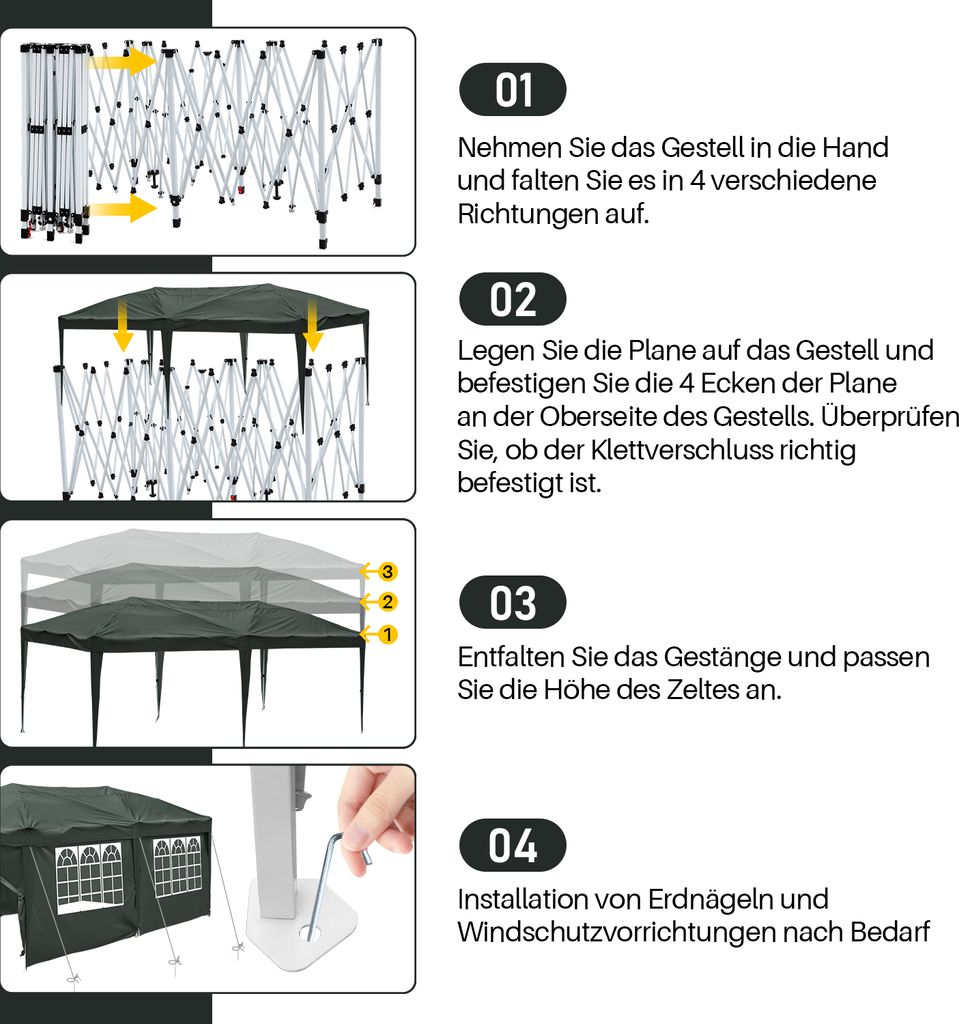 TolleTour Pavillon 3 x 6m Pop Up Faltpavillon Faltbar Gartenzelt, UV-Schutz 50+ Pavillons Partyzelte Festzelt für Camping / Garten / Hochzeit / St...