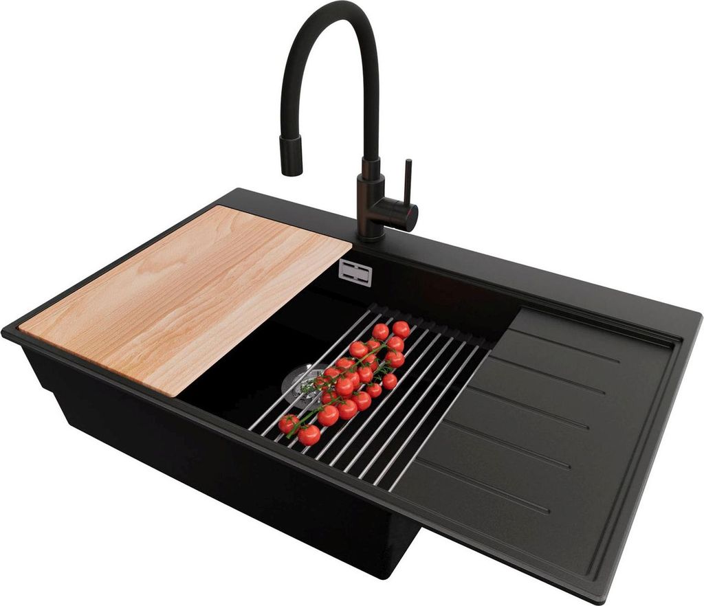 PRIMAGRAN Granitspüle Schwarz 78x50cm, Spülbecken 1 Becken + Küchenarmatur 40x38cm + Ablauf-Set + Küchenzubehörset, Küchenspüle ab 60er Unte...