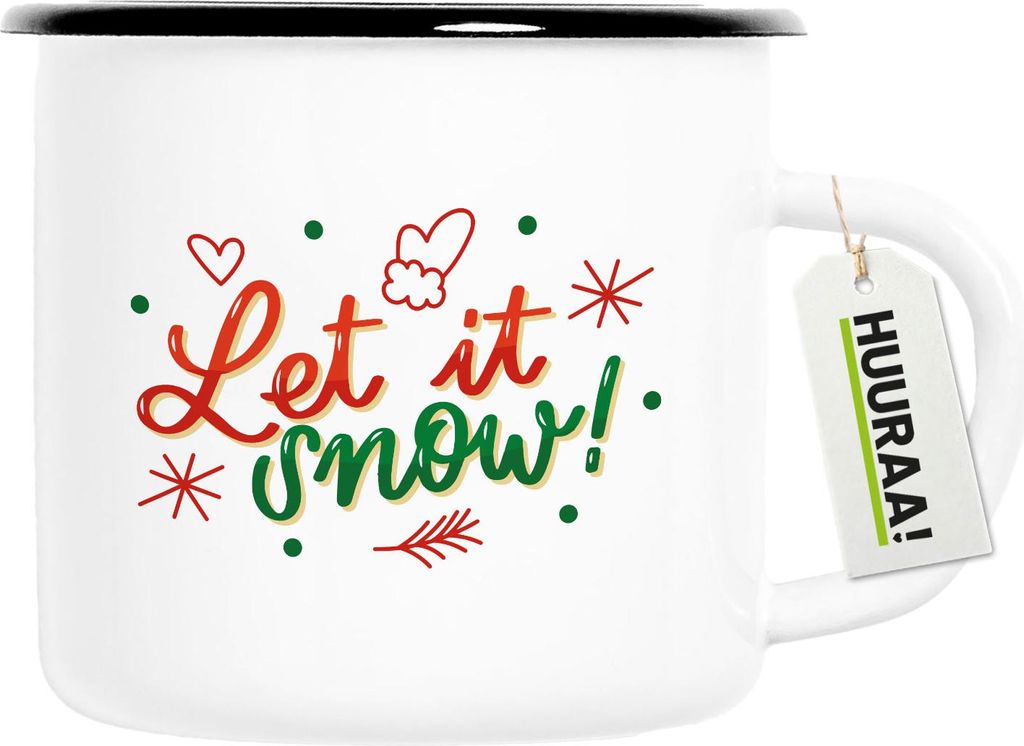 Huuraa Emaille Tasse Let it Snow Schriftzug 300ml Vintage Campingbecher Geschenkidee