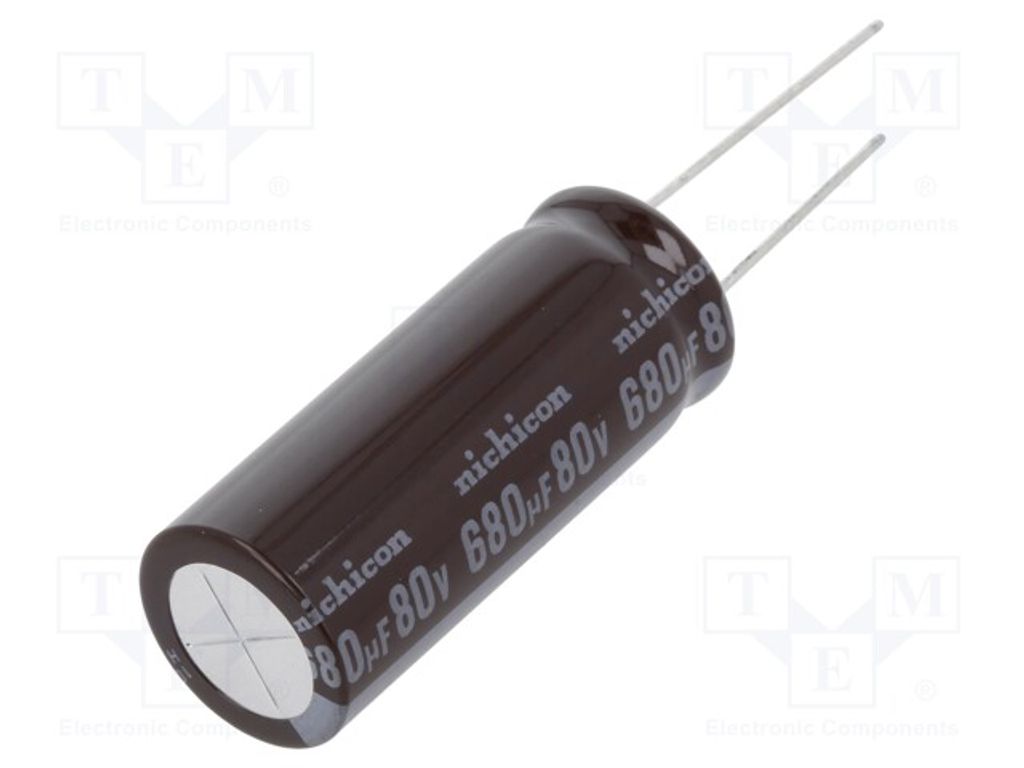 1x Kondensator: elektrolytisch 680uF geringe Impedanz THT 80VDC UPM1K681MHD Elekt