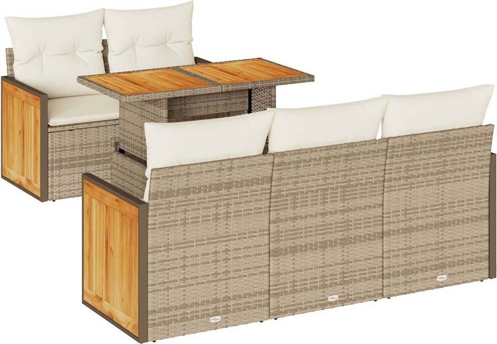 6-tlg. Garten-Sofagarnitur mit Kissen Beige Poly Rattan Akazie