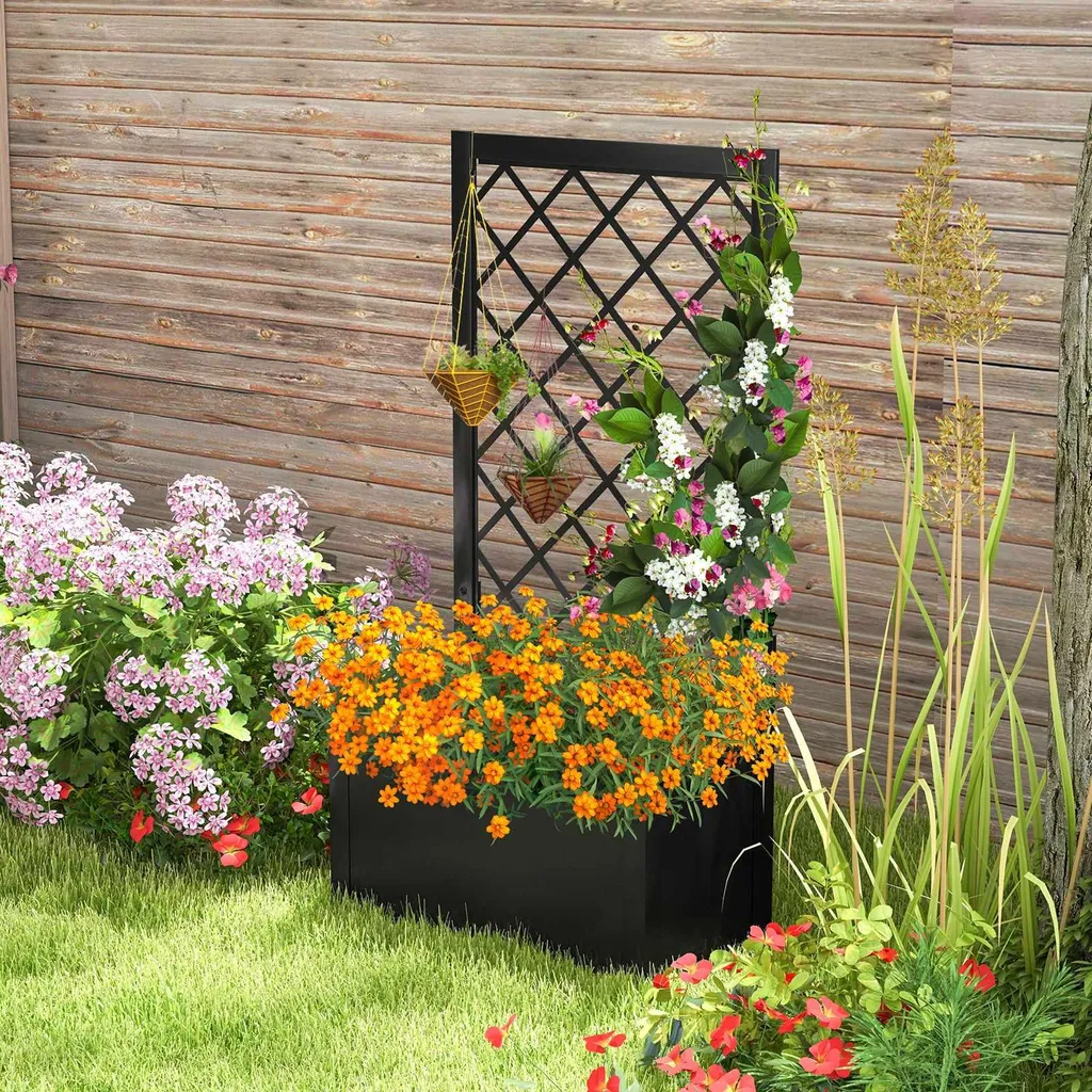 Bac à fleurs surélevé avec support de grimpe en métal anthracite 120cm - 4