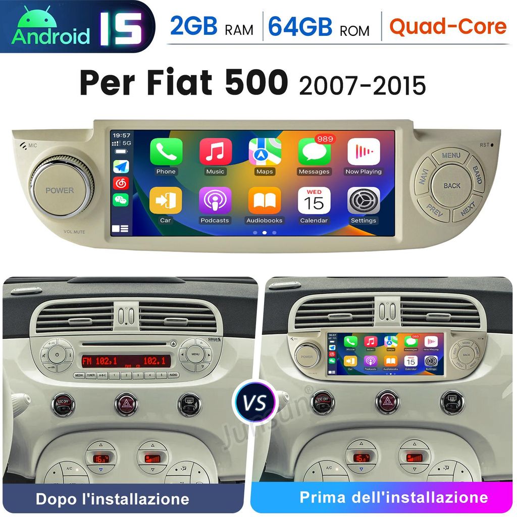 Carplay 6,86" Android 15 Autoradio per FIAT 500 2007-2015 Immagine del prodotto 