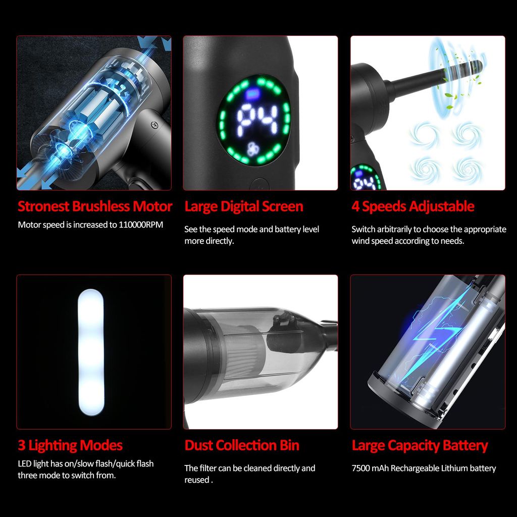 Compressed-Air-Duster--Cleaner mit Digital Screen Brushless Motor, 120W 110000RPM 7500mAh Electric Air Dusters Cleaner Electric Air Duster Replace