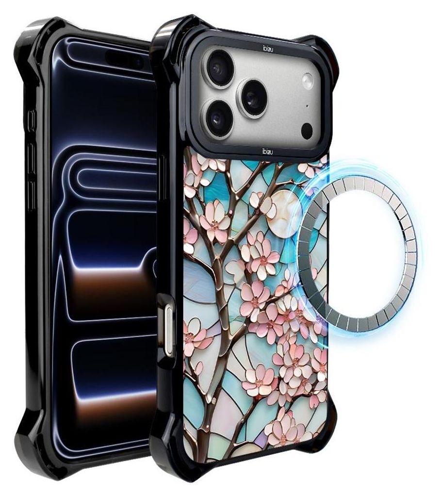Schutzhülle für das iPhone 17 Pro, MagSafe-kompatibel, verstärkte Ecken, schwarz, Glasmalerei, Kirschblüte