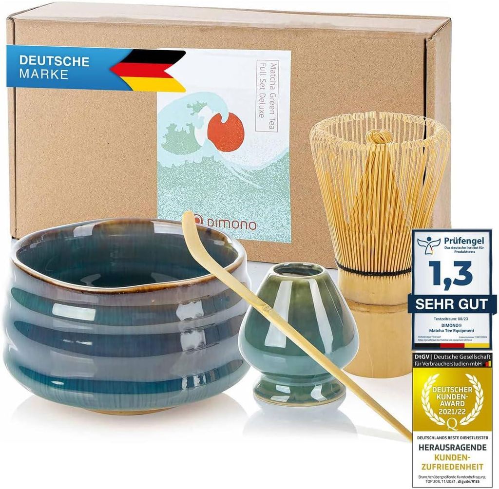 Matcha Tee-Set Deluxe 4-teilig für die traditionelle japanische Teezeremonie – Inklusive Teeschale, Bambusbesen, Dosierlöffel & Besenhalter