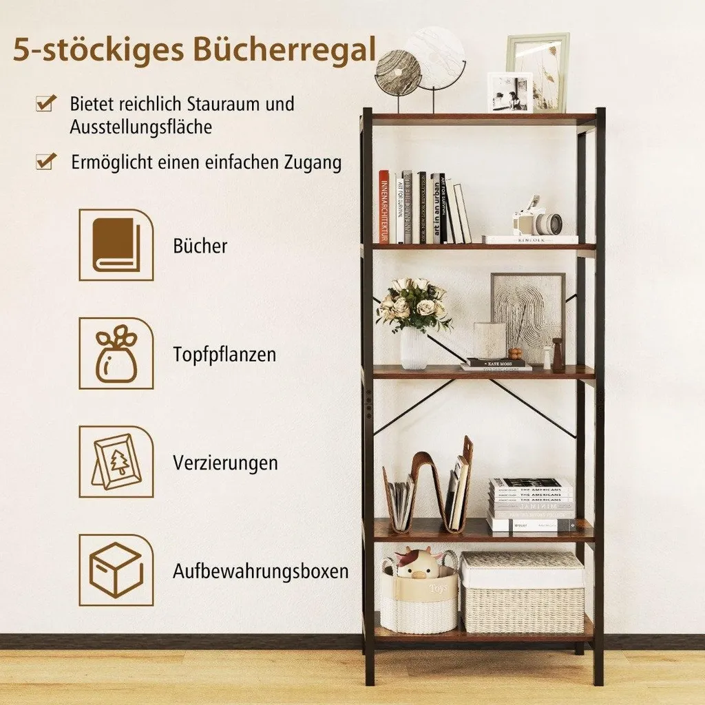 Étagère de rangement 5 étages en bois et métal noir pour salon et bureau