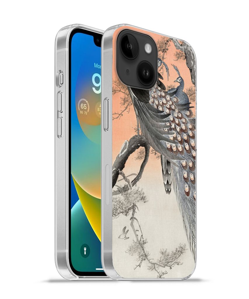 MuchoWow Handyhülle Schutzhülle Hülle für Apple iPhone 14 - Softcase Pfauenfedern - Pfau - Vintage Silikon Softcase Handy Hülle - Mobiltelef...