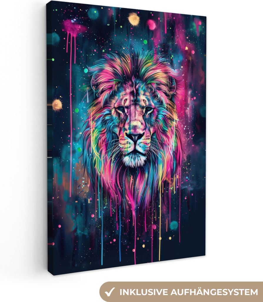 MuchoWow - Leinwandbilder - Löwe - Farbe - Bunt - Schwarz - Tiere, Wandbild, Wanddeko Bilder Wohnzimmer, 40x60 cm