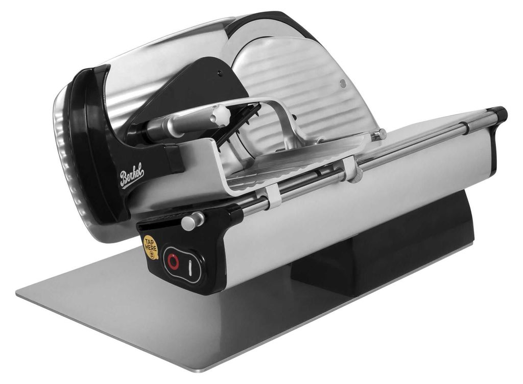 A professional studio shot of a Berkel slicer on a white background.
