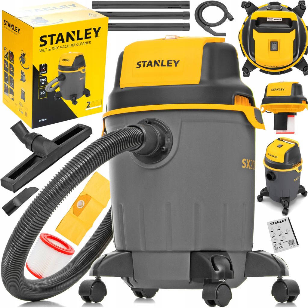 A collage of images showing a Stanley wet and dry vacuum cleaner, its accessories, and packaging.