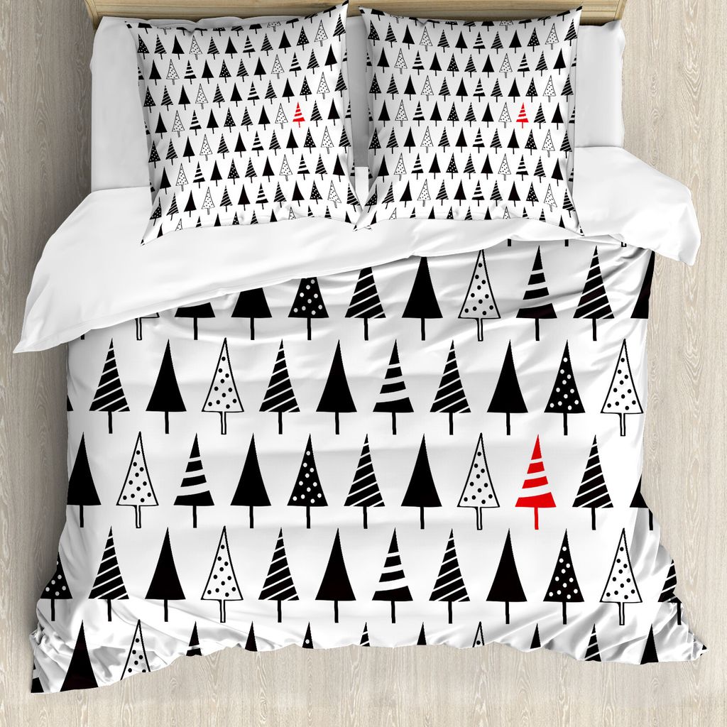 ABAKUHAUS Weihnachten Bettbezugs Set Für Doppelbetten, Dreieck-Kiefern, Milbensicher Allergiker geeignet mit Kissenbezügen, Anthrazit grau Zinnob...