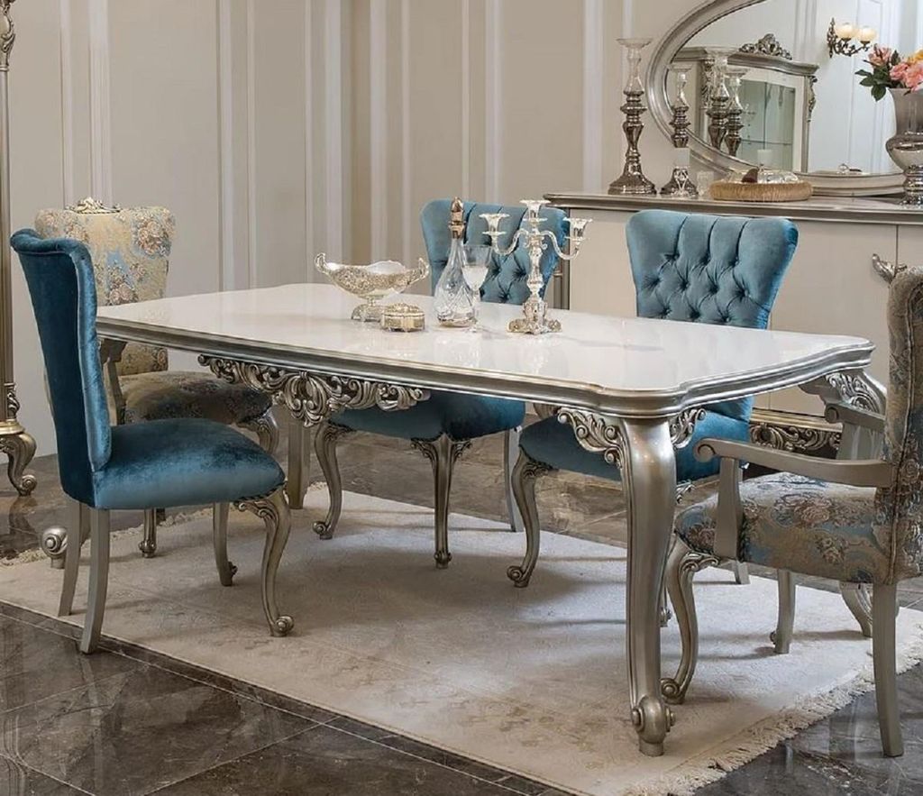 Casa Padrino Luxus Barock Esstisch Weiß / Silber - Massivholz Küchentisch im Barockstil - Barock Esszimmer Möbel