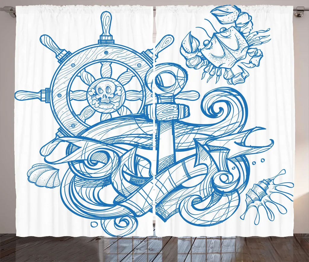 ABAKUHAUS Rideau Vintage Nautical Tattoo Crabe et Crâne 280 x 225 cm