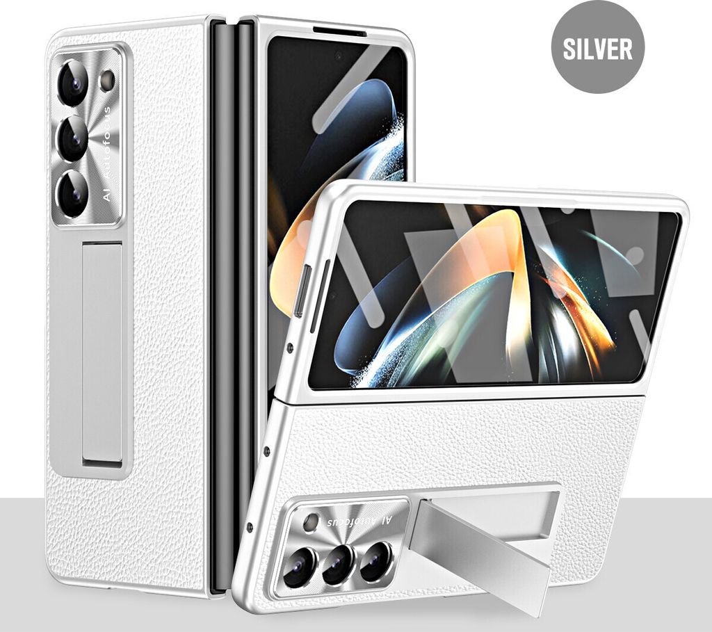 Hülle für Samsung Galaxy Z Fold 6 Litschi Hart PC Stander Schutzhülle mit Displayschutz / Linsenschutz Silber