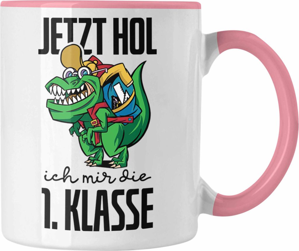Trendation - Tasse Einschulung Dino T-rex Motiv Geschenk für Jungs in der 1. Klasse Schulstart (Rosa)