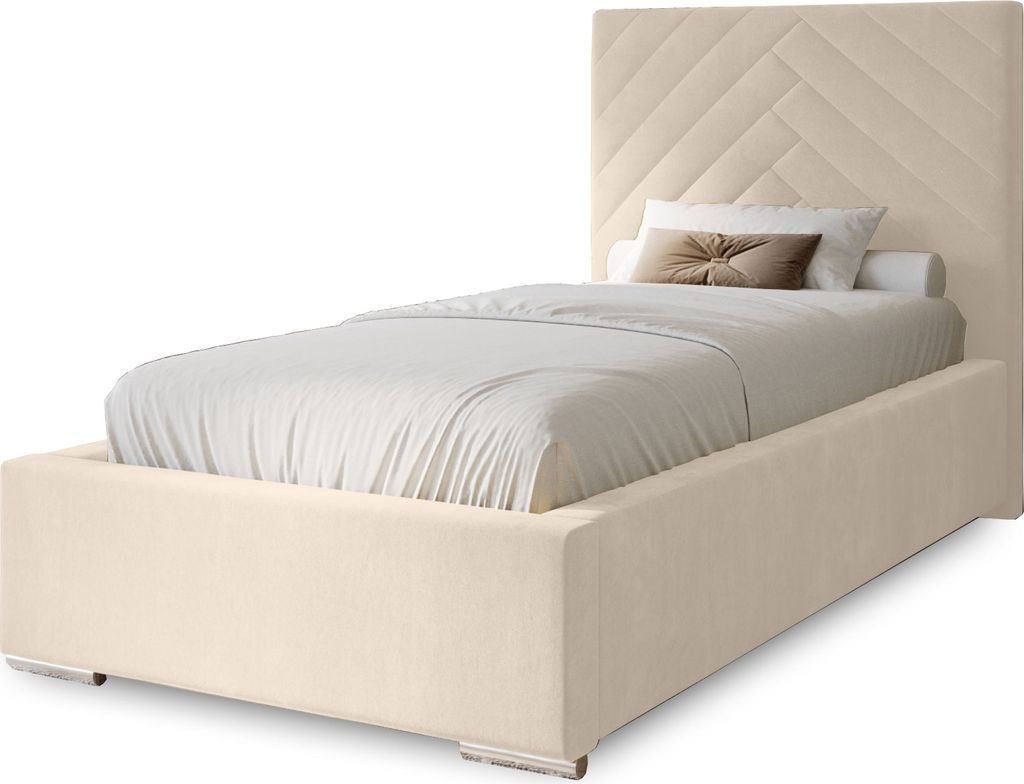 Polsterbett Aura 90x200 cm, Bett mit Kopfteil, Doppelbett mit Bettkasten, Lattenrost und Matratze aus Holz, Velourstoff: Beige