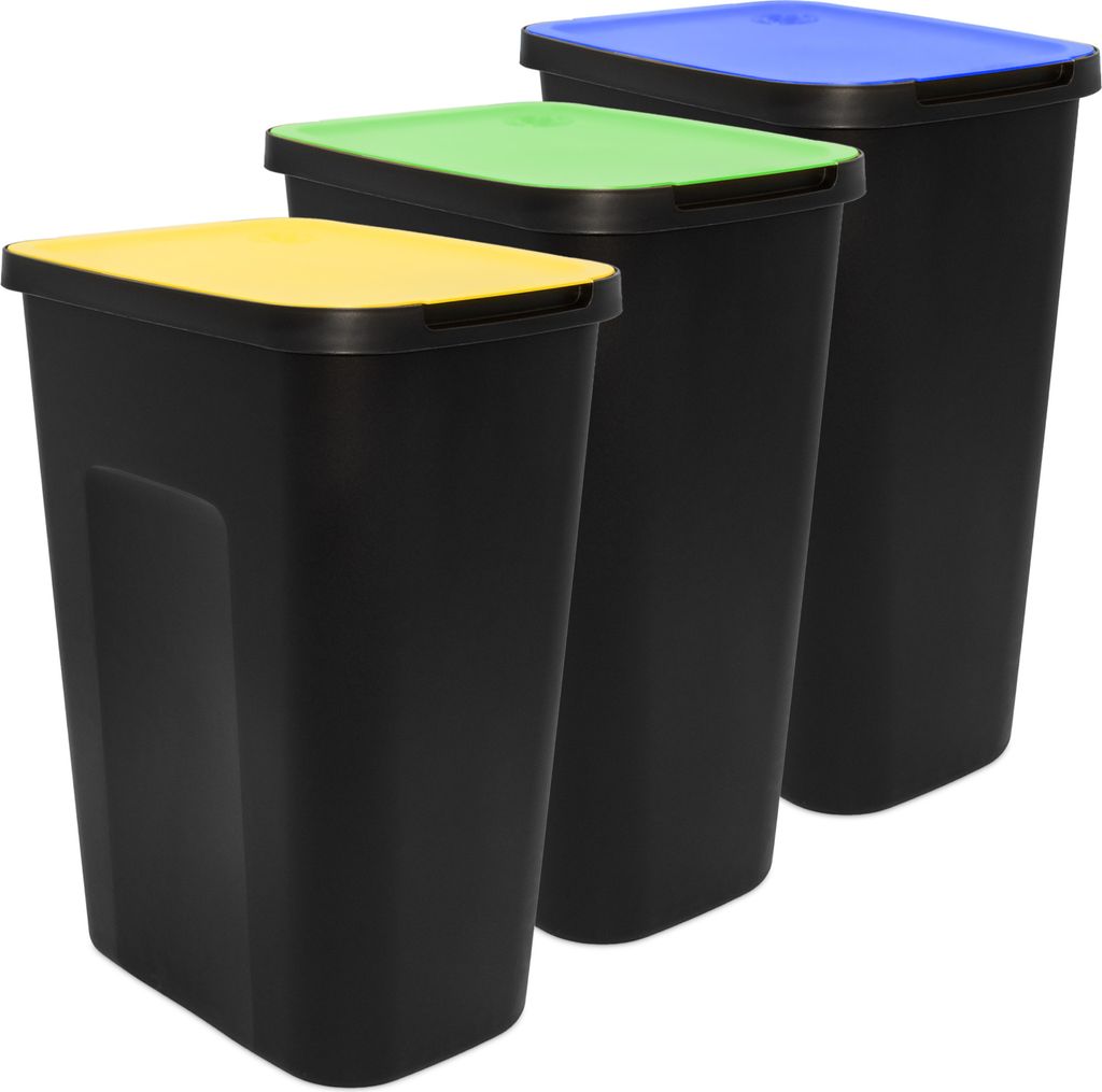 3.03 Abfalleimer mit Klappdeckel - ca. 50 Liter Fassungsvermögen / 3er Set - Mülleimer in gelb, blau, grün (groß / 3x 50 Liter)