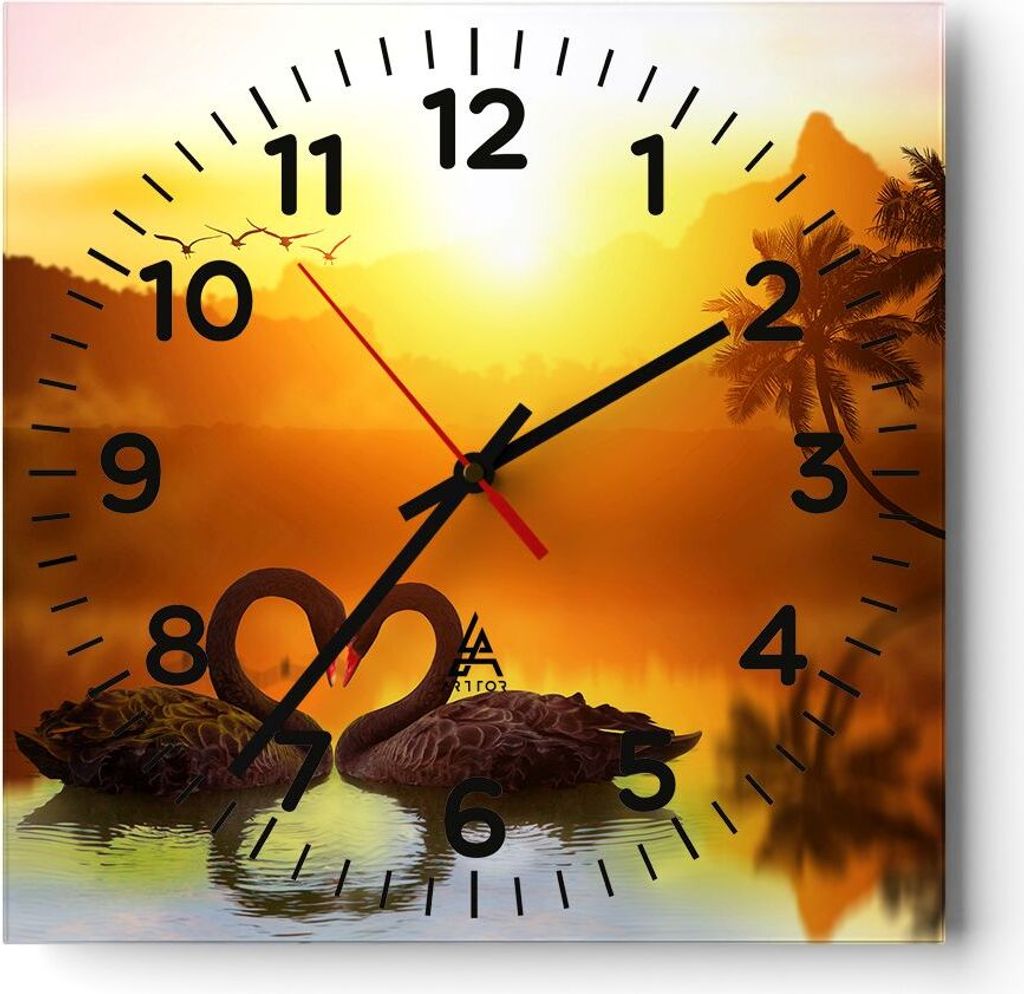 Wanduhr - Quadrat - Glasuhr - Schwan Wasser Paar - 30x30cm - Schleichendes Uhrwerk - Lautlos - zum Aufhängen bereit - Dekoration Modern - Wanddeko...