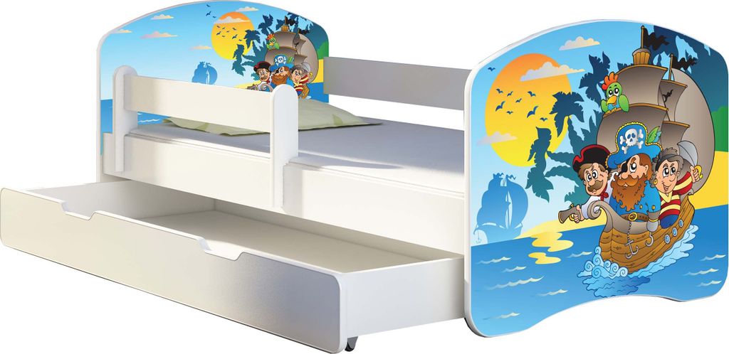 ACMA Jugendbett Kinderbett Junior-Bett Komplett-Set mit Matratze Lattenrost und Rausfallschutz Weiß 21 Piraten 160x80 + Bettkasten