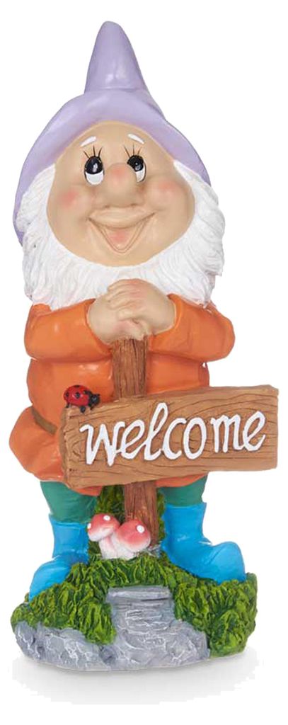 Giftdecor Gartenzwerg Statue Willkommensschild - Hut lila - Produktbild 