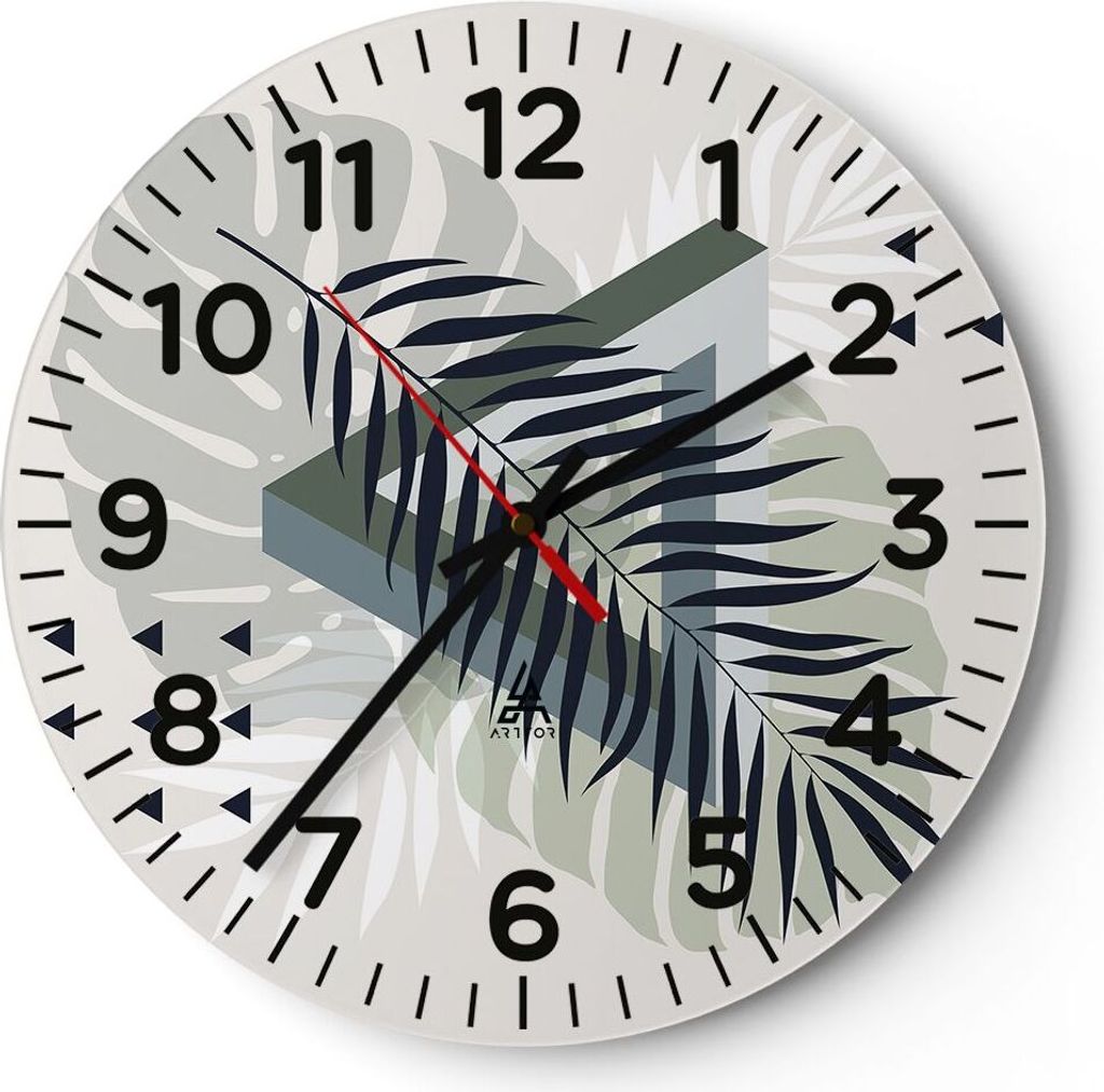 Wanduhr - Rund - Glasuhr - Monstera Palme Grafik - 40x40cm - Schleichendes Uhrwerk - Lautlos - zum Aufhängen bereit - Dekoration Modern - Wanddeko...