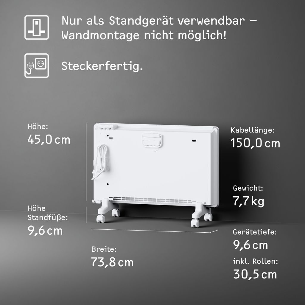 A white electric heater with its dimensions and features listed.