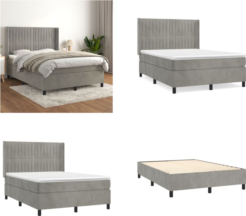 vidaXL Boxspringbett mit Matratze Hellgrau 140x200 cm Samt - Boxspringbett - Boxspringbetten - Bett - Schlafzimmermöbel