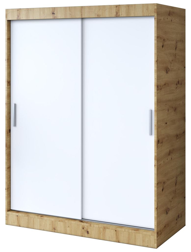 Schiebetürenschrank 150x200cm - Artisan Eiche & Weiß Matt - Kleiderschrank GOLD - mit 5 Einlegeböden & 2 Kleiderstangen