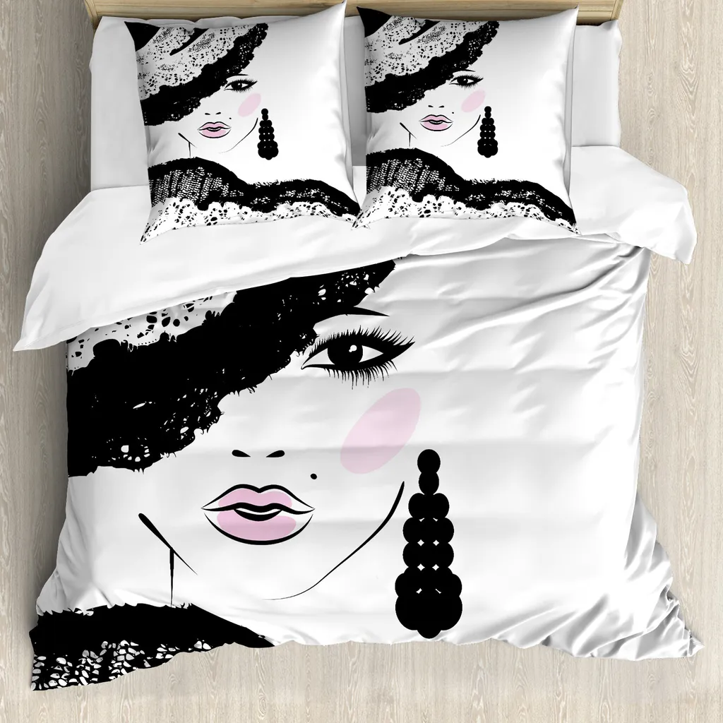 ABAKUHAUS Set copripiumino alla moda per letti matrimoniali, Parisienne con accessori, antiacaro, adatto a chi soffre di allergie, con federe, grigio antracite, rosa e bianco