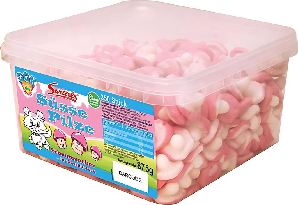A large clear plastic tub filled with pink and white mushroom-shaped gummy candies.