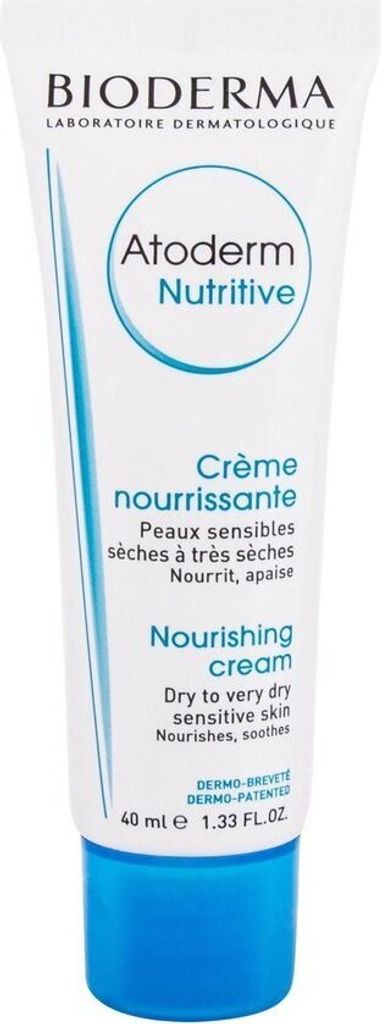 A white tube of Bioderma Atoderm Nutritive cream with blue accents and text.