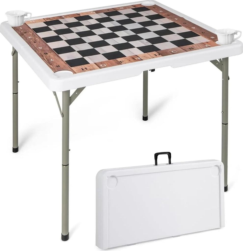 Schachtisch - Klappbarer Tisch - 90x90 cm - Metallgestell - Abnehmbare Spielmatte - 4 Becherhalter - Tragegriff - Tragbar - Weiß