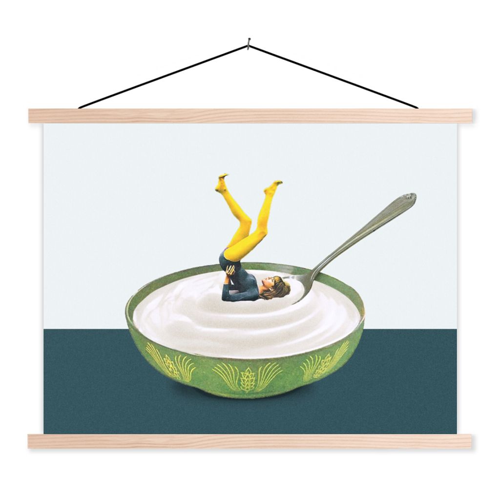 MuchoWow Textilposter Joghurt - Yoga - Retro 40x30 cm mit holzfarbenen Rahmen - Bilder