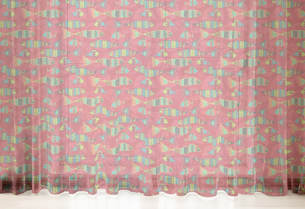 ABAKUHAUS Arazzo con pesci, stile aborigeno, figure decorative di pesci, atmosfere etniche dai toni vivaci, tessuto satinato setoso per soggiorno e camera da letto, 220 cm x 274 cm, rubino chiaro e multicolore - 3
